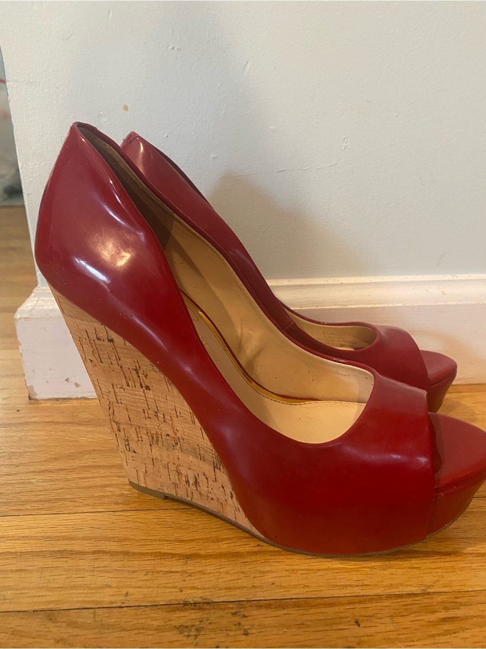 Jessica Simpson Red Patent Peep-Toe Cork Wedges - Picture 2 of 10